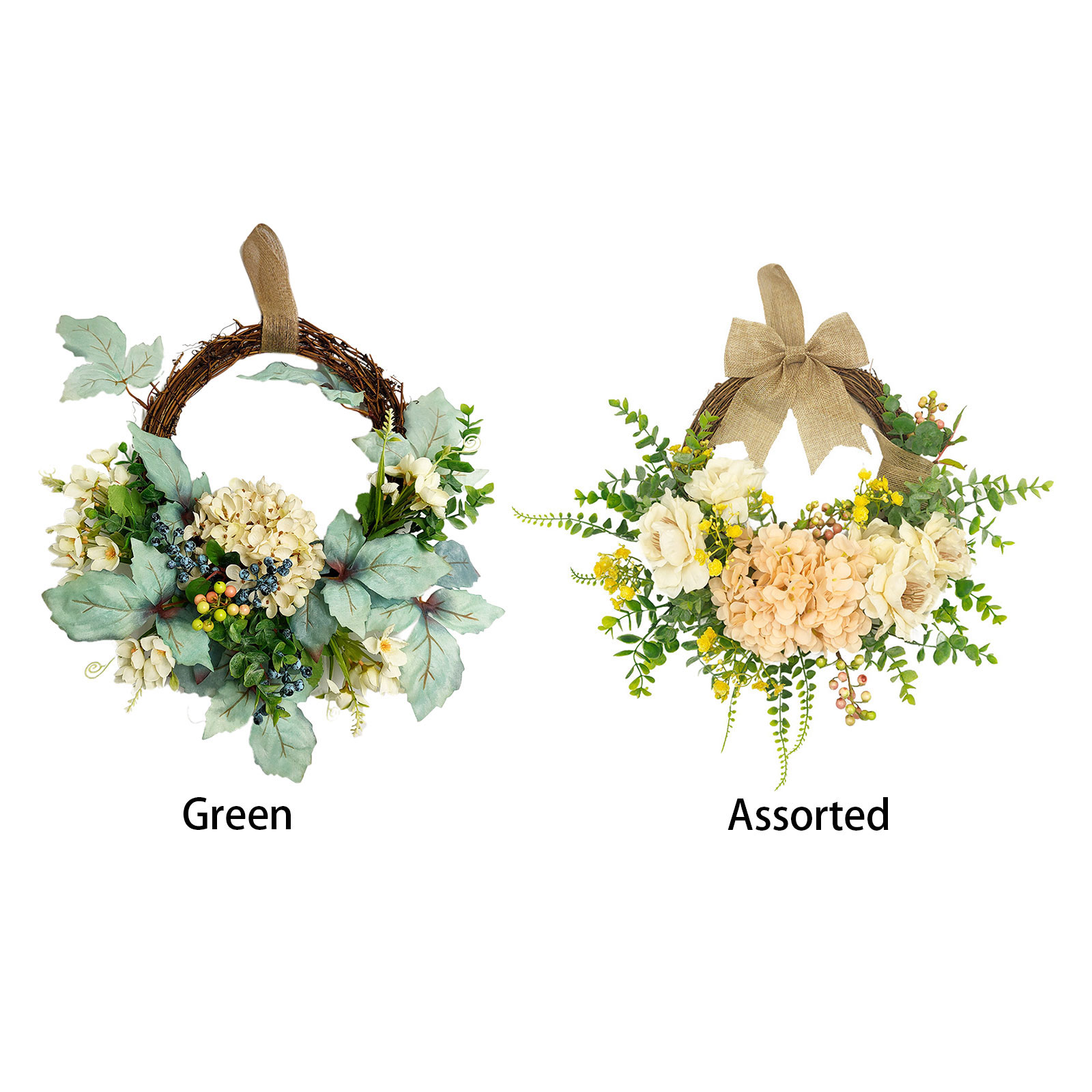 Frühlingshortensien-dekoration Für Das Neue Jahr, Zum Aufhängen An Tür Oder Wand - 40 Cm Seidenblumen + Rankenring + Moos