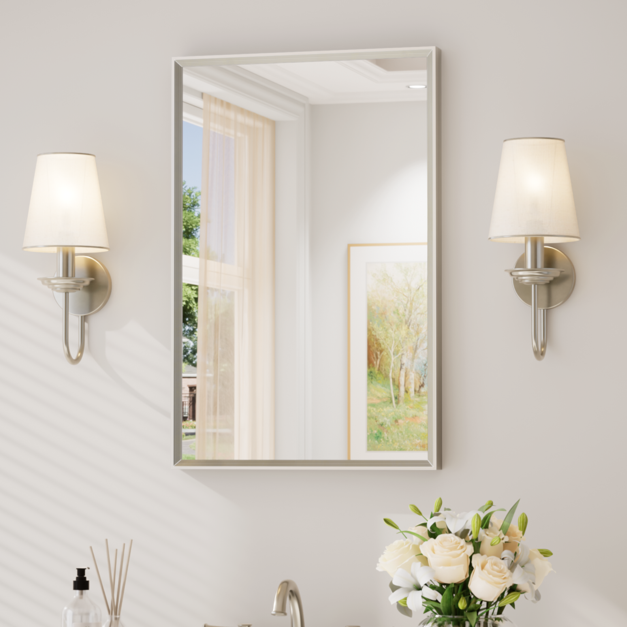 Keonjinn Wandspiegel Rechteckig 50x76cm, Gebürstetes Nickel, Alurahmen, Hd-gehärtetes Glas, Mit Runden Ecken, Moderner Stil, Hd-reflexion, Für Badezimmer&flur