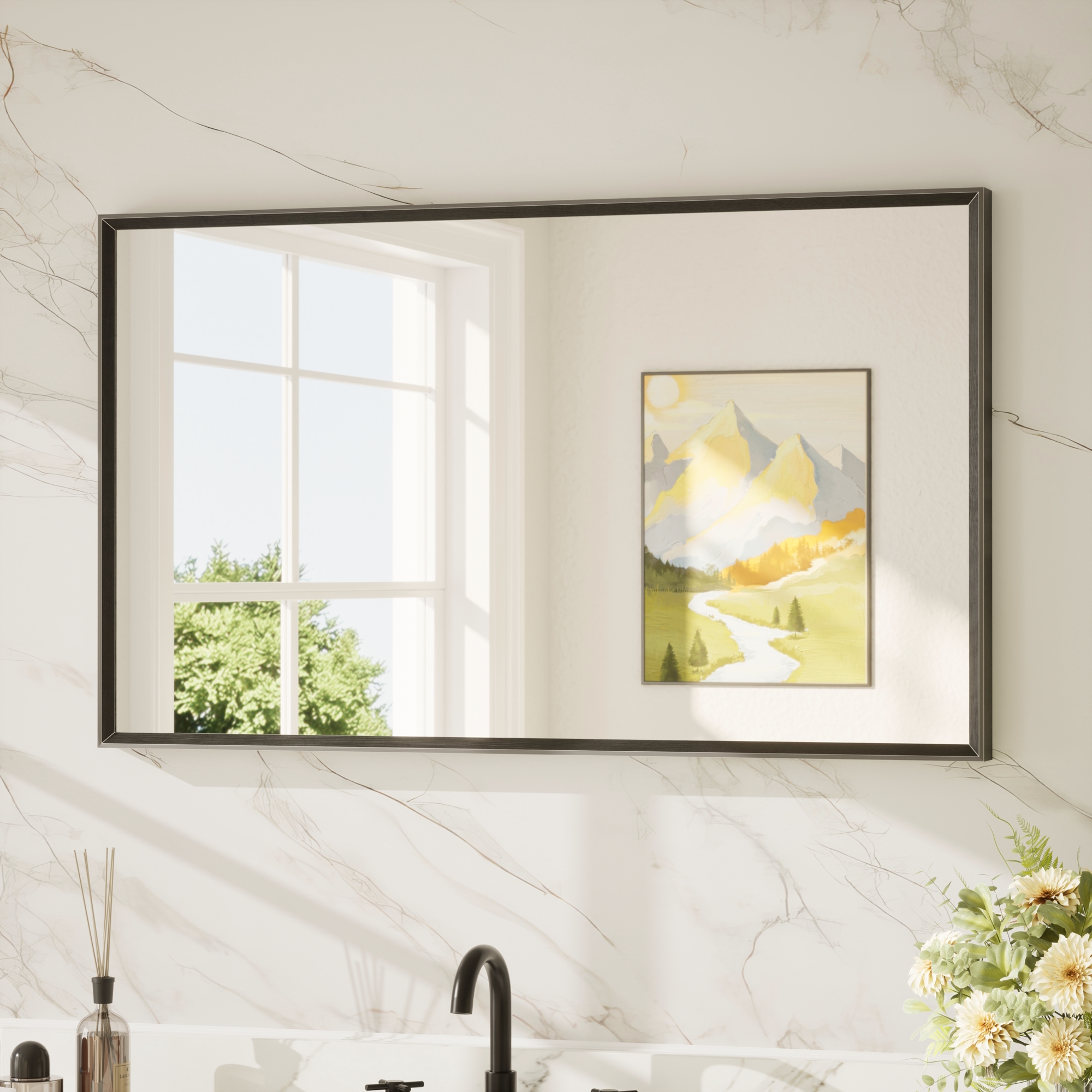 Keonjinn Wandspiegel Rechteckig Mit Schwarzem Rahmen 100x60cm, Alurahmen, Hd-gehärtetes Glas, Mit Runden Ecken, Moderner Stil, Hd-reflexion, Für Badezimmer&flur