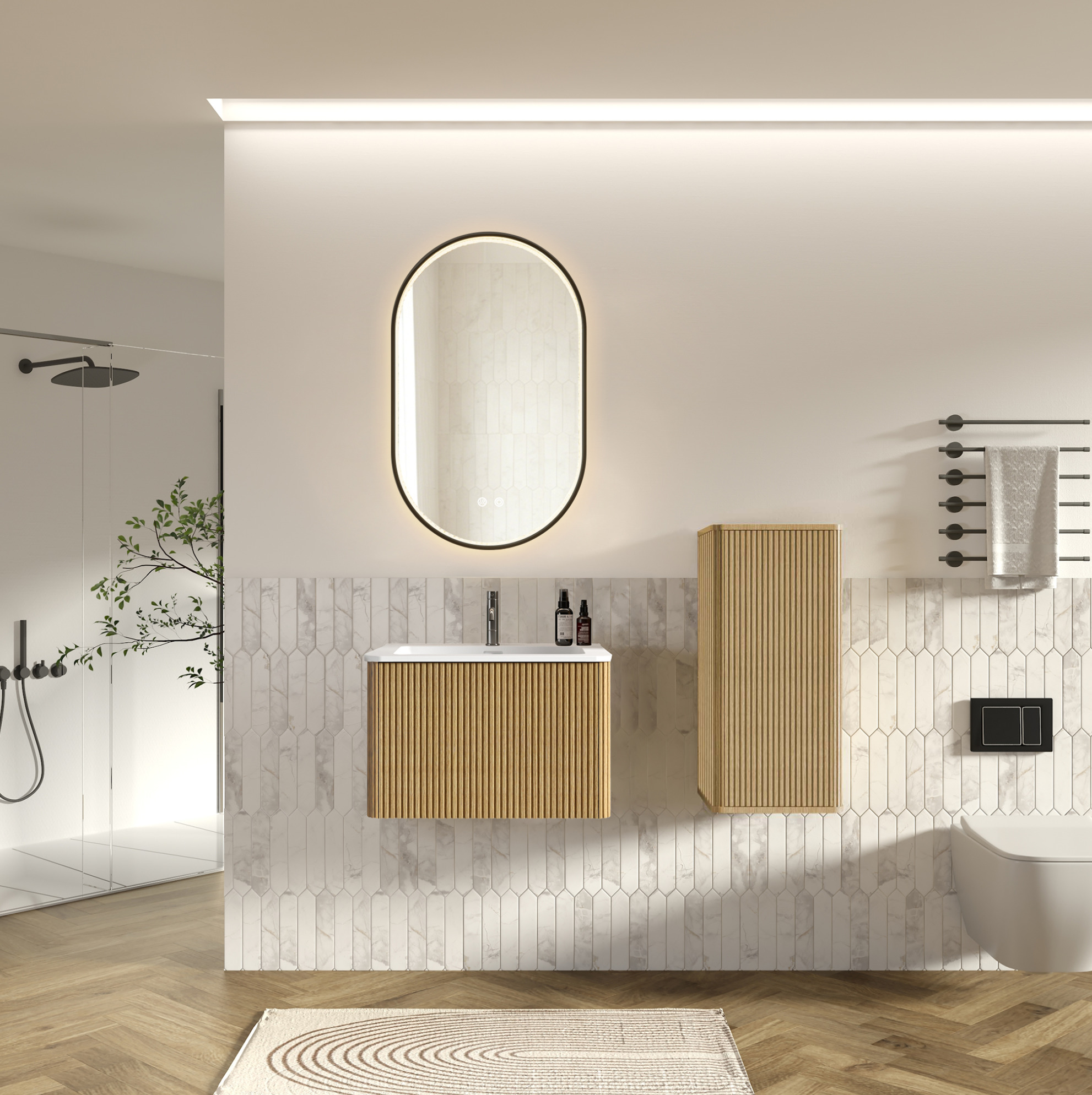 Badmöbel-set Mit Waschbecken, Led-spiegel Und Seitenschrank, 60 Cm, Eiche Okmyhome