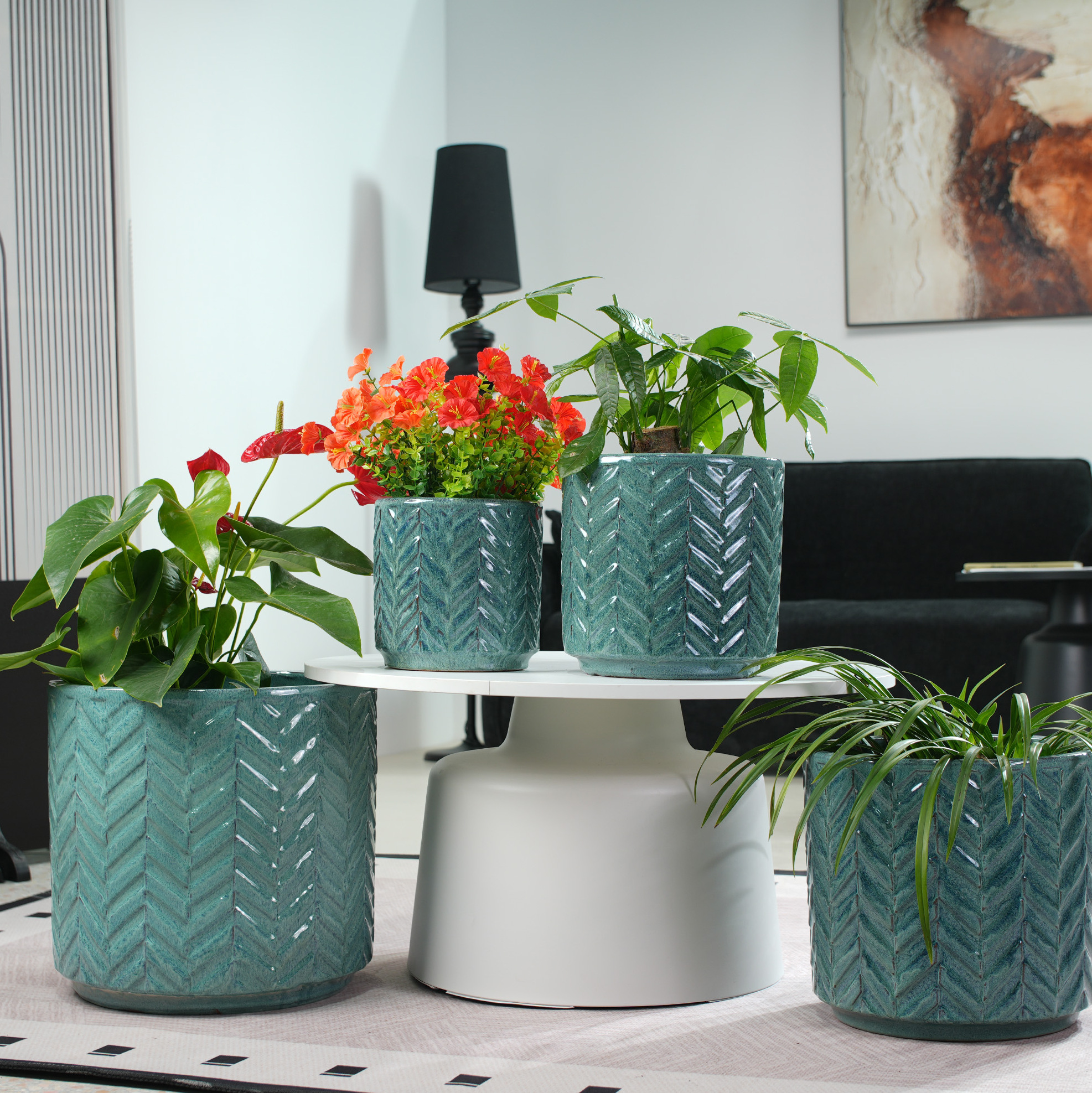 Keramik-blumentopf Ø31,5 Cm, Glänzend Aqua Blau, Chevron-relief, Mit Drainage
