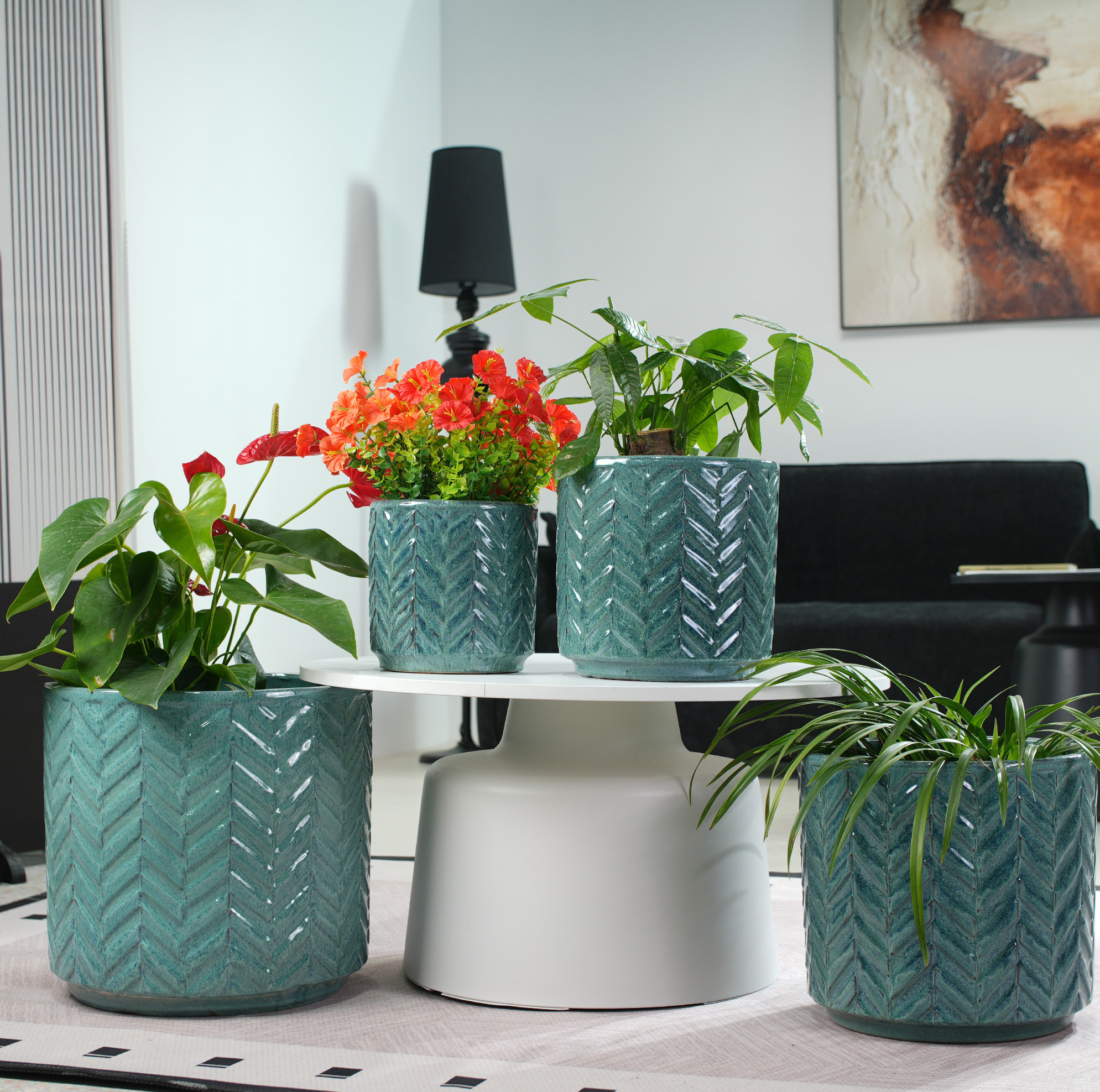 Keramik-blumentopf Ø24,5 Cm Aqua-blau Mit Chevron-relief Und Drainageloch Okmyhome