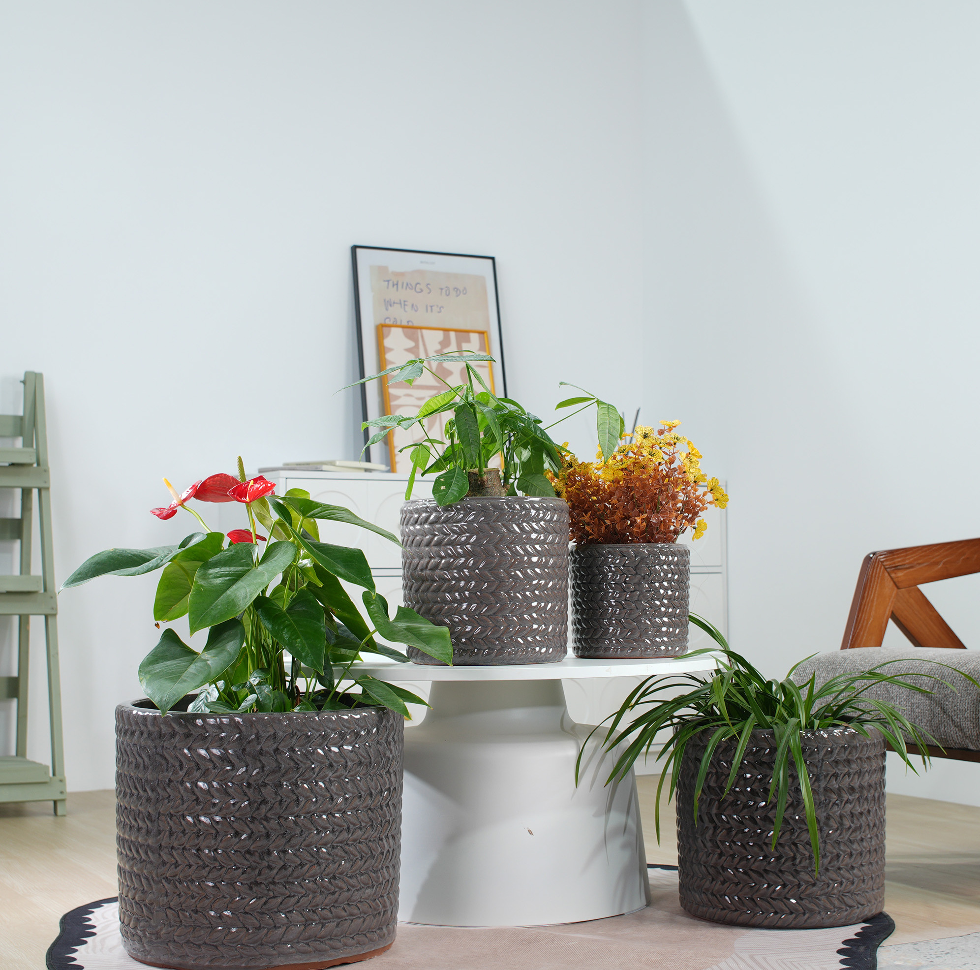 Keramik-blumentopf Ø24,5 Cm, Glänzend Grau Mit Fischgrätenrelief Und Drainageloch Okmyhome