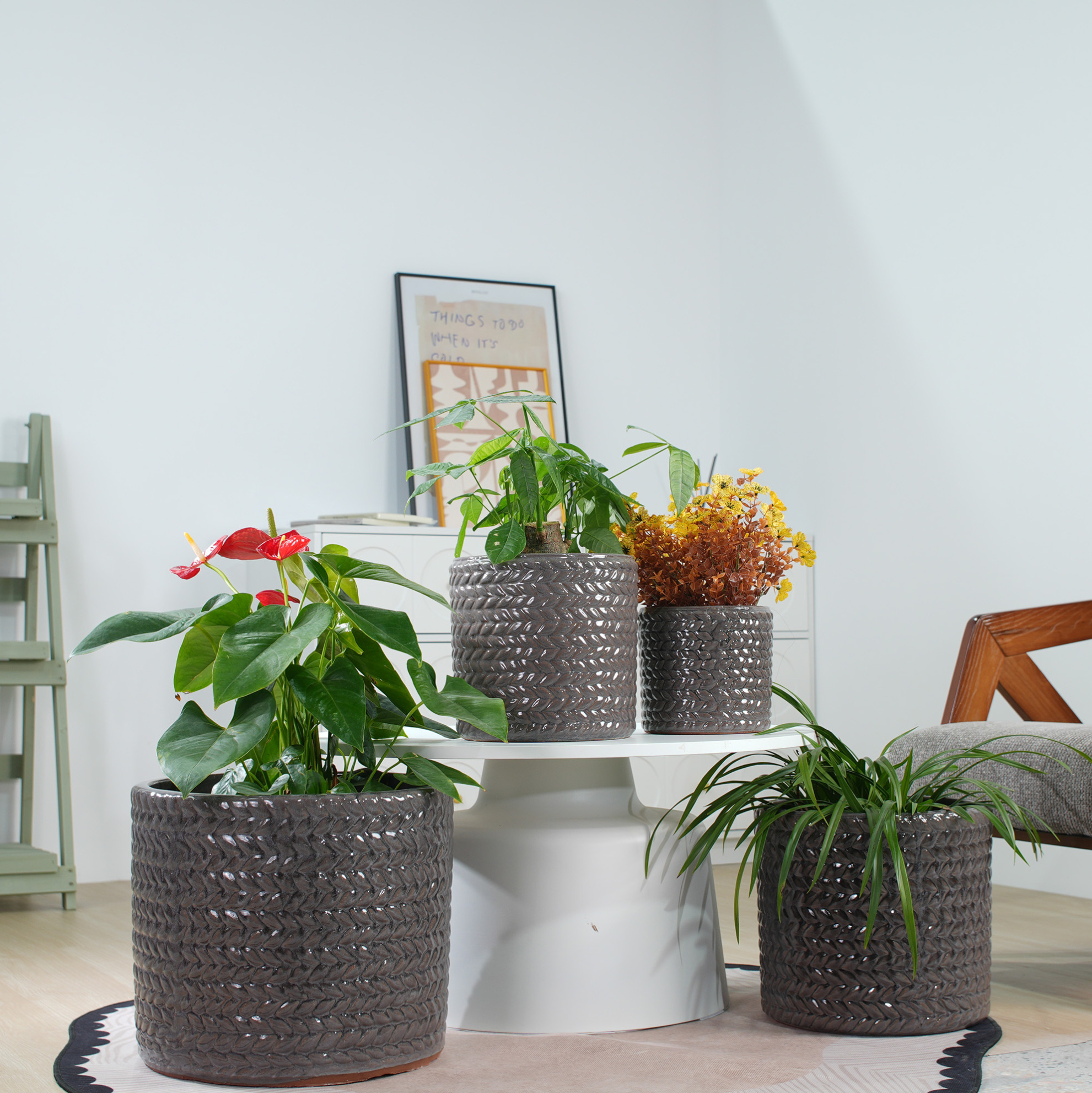 Keramik-blumentopf Ø37 Cm Grau Glänzend Mit Fischgräten-relief Okmyhome