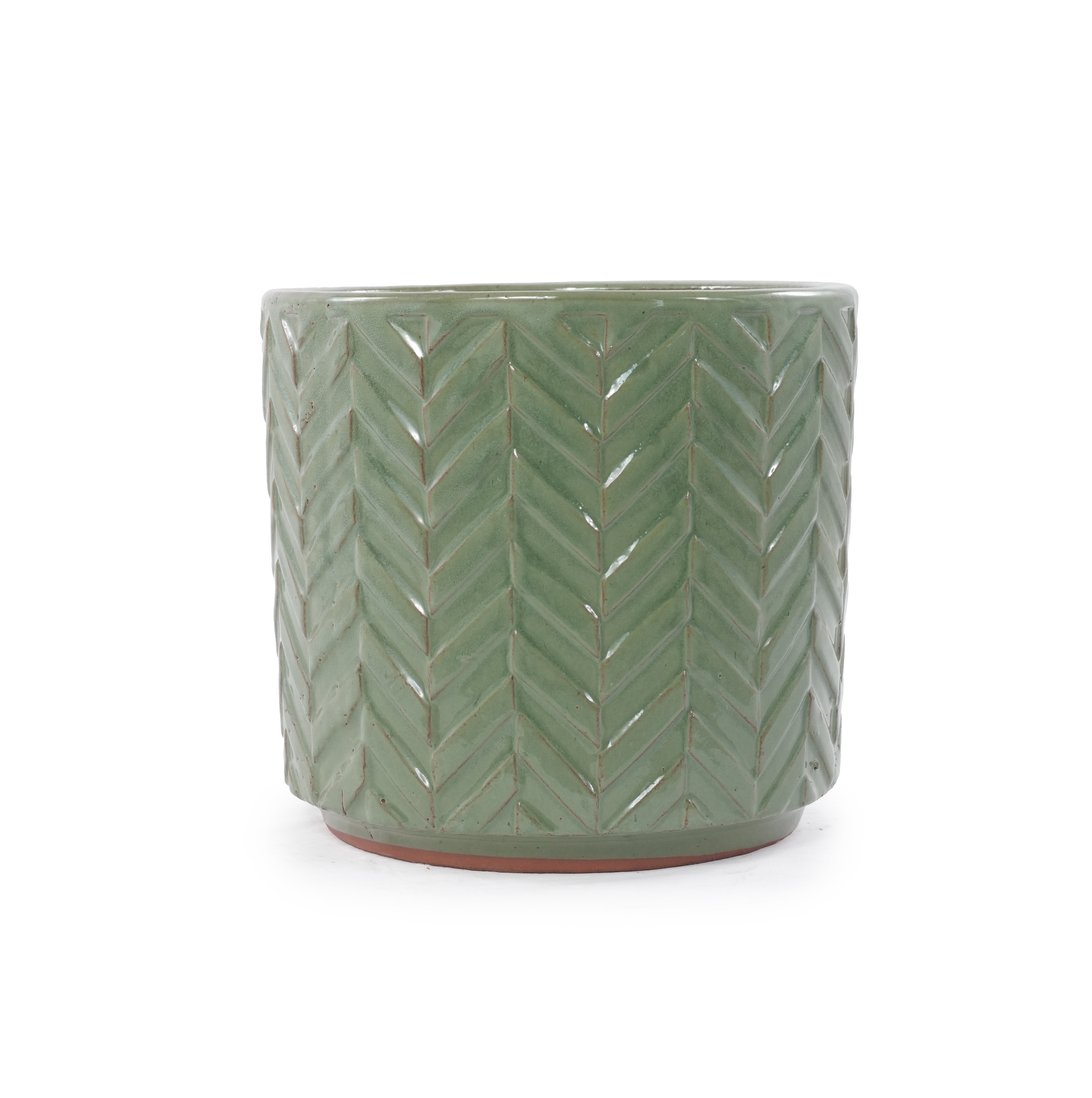 Keramik-blumentopf Ø24,5 Cm Salbeigrün Glänzend, Chevron-relief, Drainageloch Okmyhome