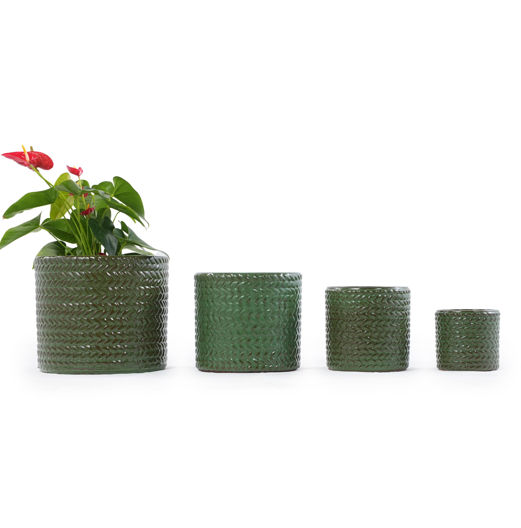 Keramik-blumentopf Ø24,5 Cm, Glänzend Olivgrün, Chevron-relief, Drainageloch