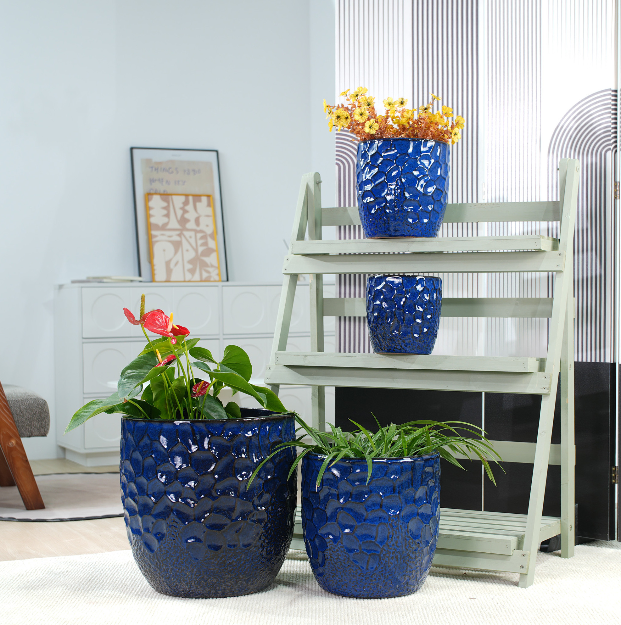 Keramik-blumentopf Ø18 Cm Dunkelblau, Gehämmerte Reliefstruktur, Drainageloch