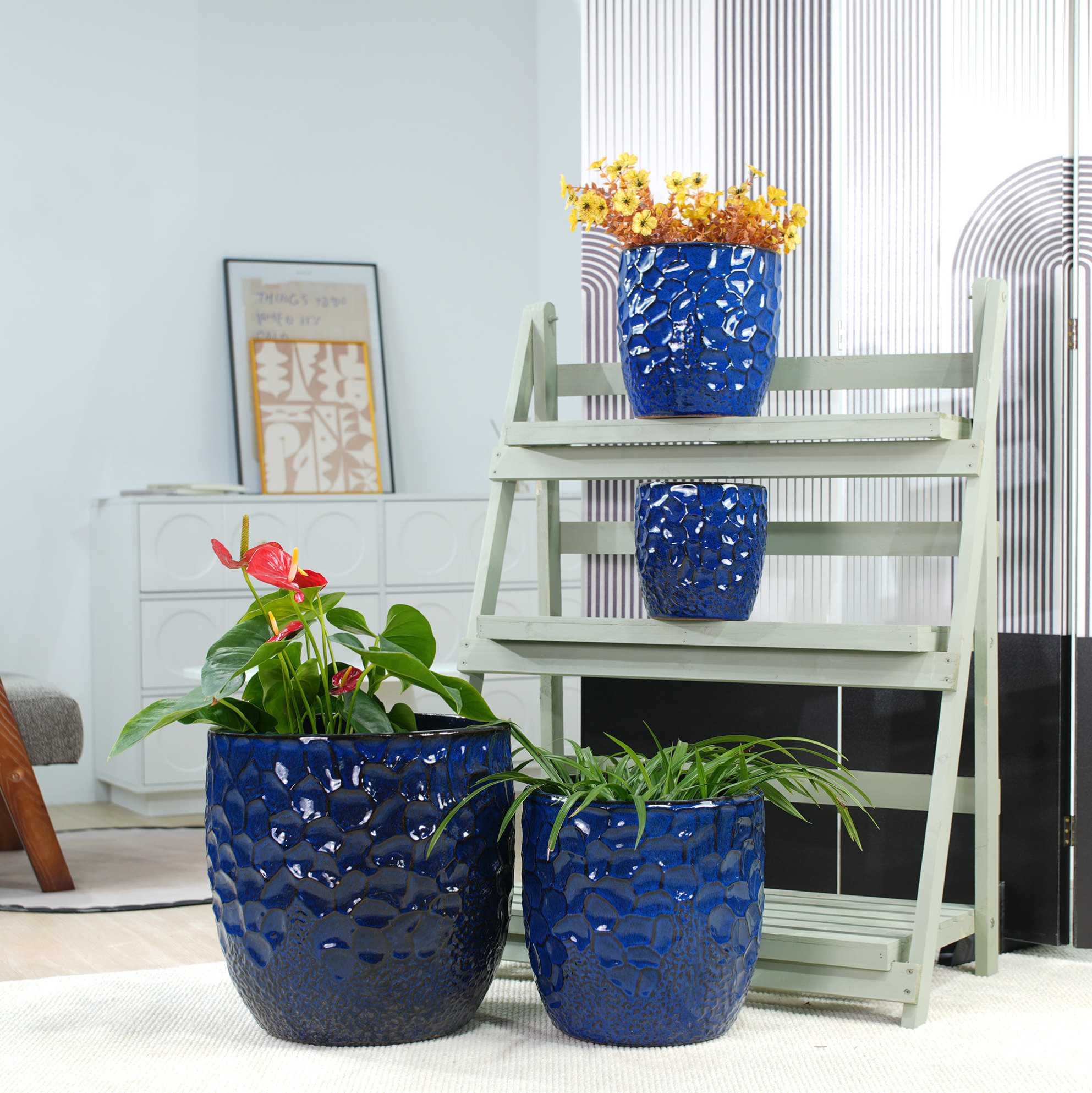 Keramik-blumentopf Ø30 Cm, Marineblau Glänzend, Gehämmerte Struktur, Okmyhome
