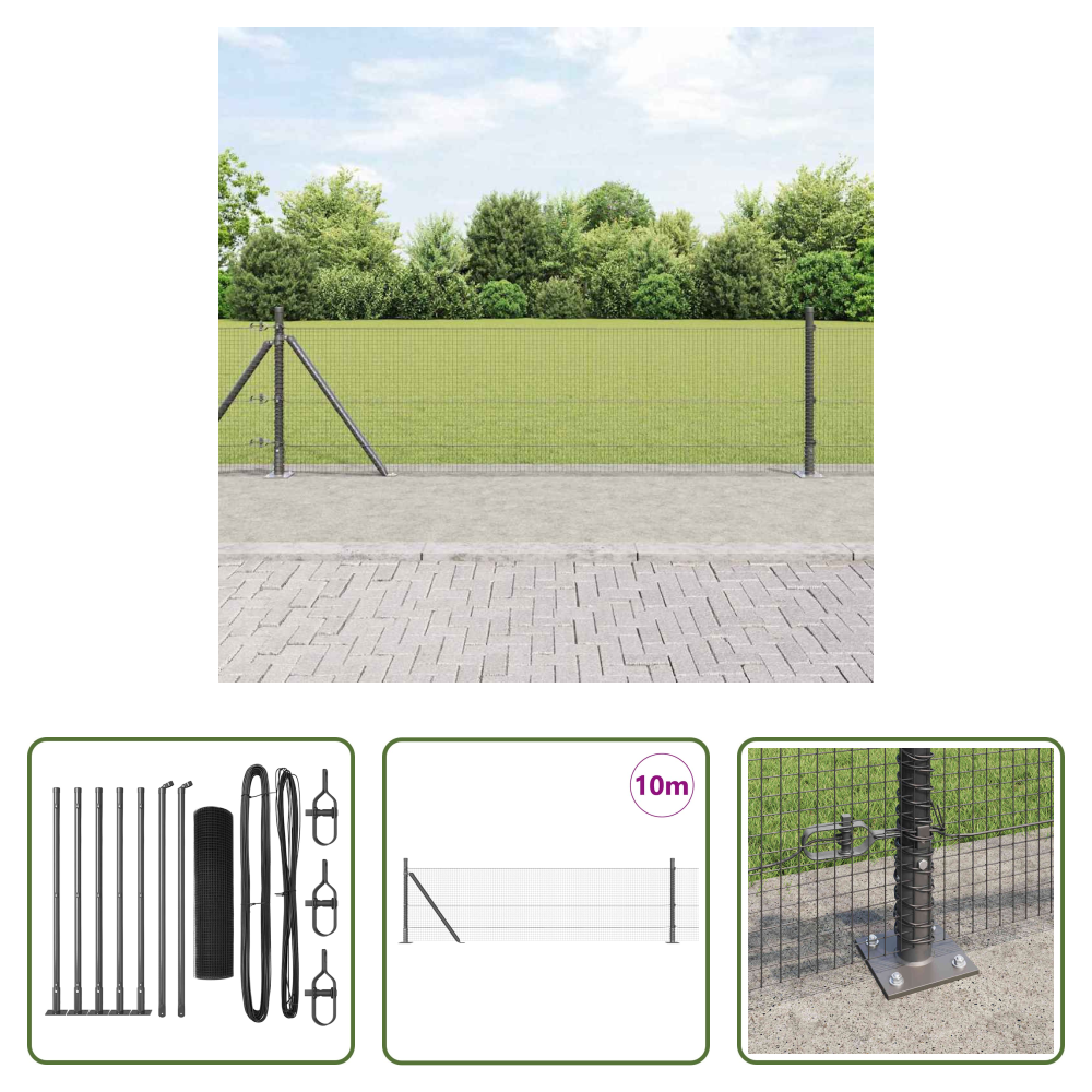 Außenzaun - Zaunpfosten Grau 10 X 0,6 M (16 X 16 Mm Netz) Stahl Und Pvc
