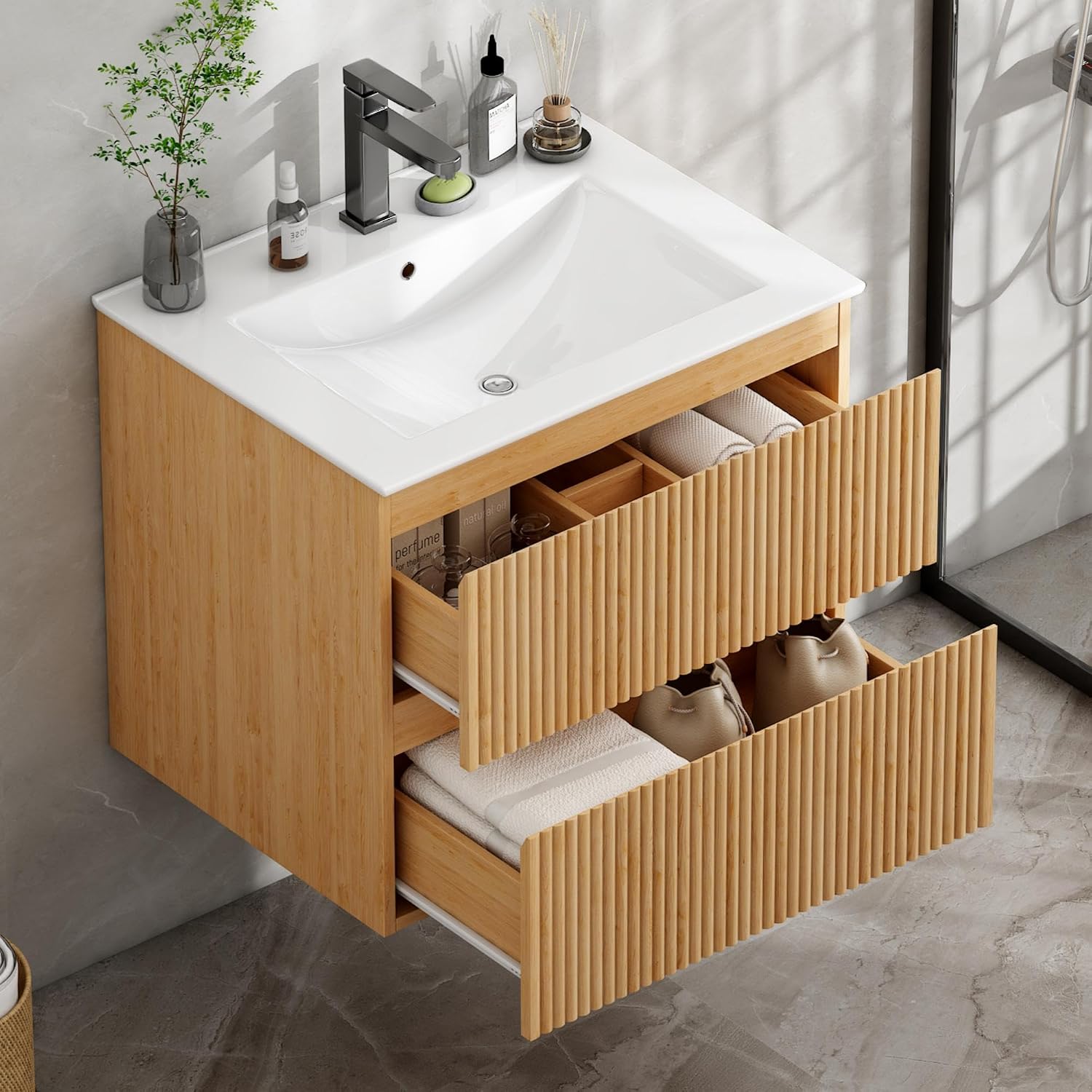 Badezimmerschrank Mit Waschbecken 60 Cm, 2 Schubladen, Wandmontage, Für Gäste-wc & Kleine Badezimmer, 52x61x46 Cm, Braun
