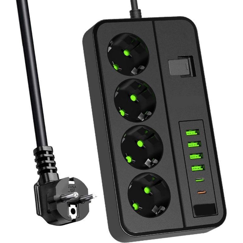 Multiprise 4 Prises Multiple (13a/3000w) Avec Interrupteur Individuelles, 4 Usb-a 2 Usb-c Ports De Charge (3.1a/5v),2m Adaptateur Secteur Les Câbles, Applicable À Bureaux Et Voyage En Maison