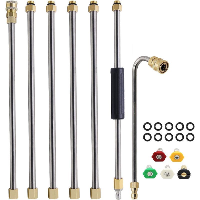 Lot De 7 Ensemble De Baguette D'Extension Pour Nettoyeur Haute Pression, Lance Pour Nettoyeur Haute Pression, Outil De Nettoyage De Gouttière, Avec 5 Embouts De Buse,10 Anneaux Anti-fuite (argent)