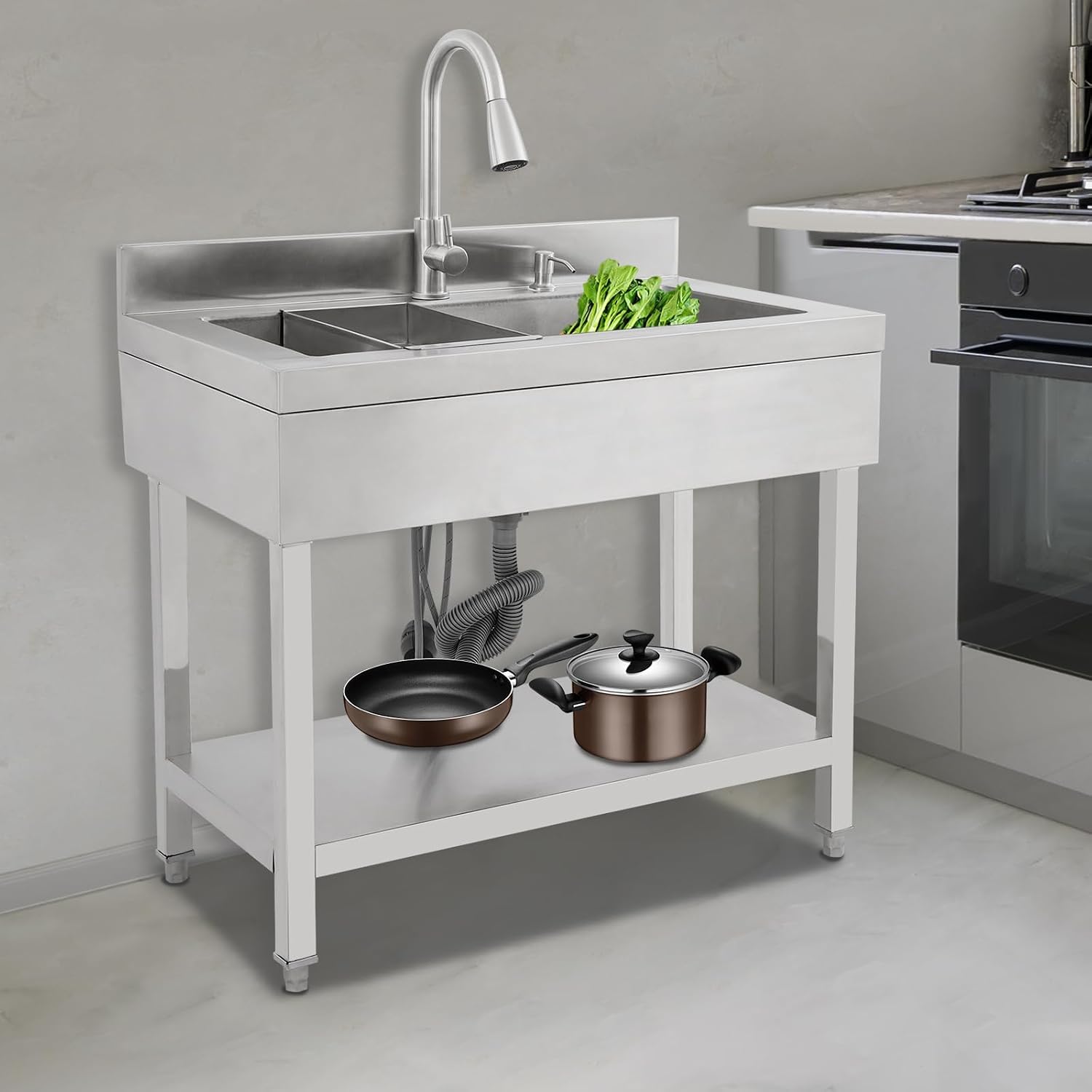 Freistehende Edelstahl-spülbecken, Großes Einzelbecken Spültisch Mit Abtropfkorb & Ausziehbare Wasserhahn, Gewerbliche Küchenspüle Spülschrank Für Zuhause Waschküche (90x60x80 Cm, Silber)