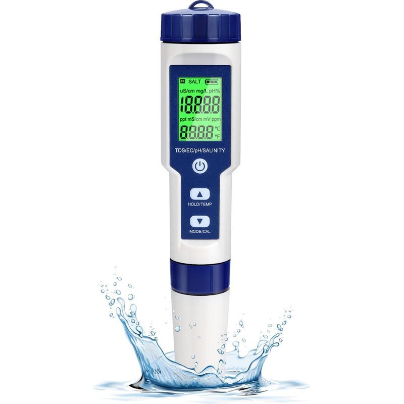 Testeur Ph Électronique 5 En 1 Pour Piscine Et Eau Potable Avec Rétroéclairage Mesure Ph Tds Ec Salinité Température Atc Haute Précision 0.01 Pour Aquarium Spas