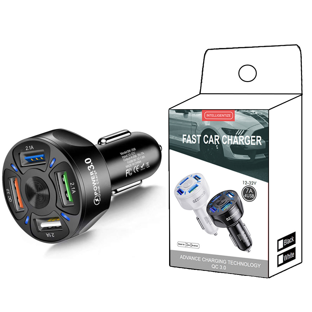 35w 7a Qc3.0 4-port Usb-schnellladegerät Fürs Auto, Ladegerät Für 1 Bis 4 Mobiltelefone – Schwarz Mit Verpackung