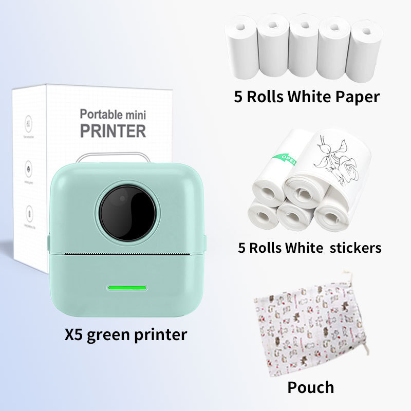 Mini-drucker – Tragbarer Bluetooth-thermodrucker Für Etiketten, Bilder Und Fehlerkorrektur – X5 Grün + 5 Blatt Thermopapier + 5 Klebeetiketten + Aufbewahrungstasche