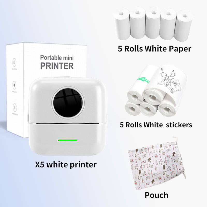 Mini-drucker – Tragbarer Bluetooth-thermodrucker Für Etiketten, Bilder Und Fehlerkorrektur – X5 Weiß + 5 Blatt Thermopapier + 5 Klebeetiketten + Aufbewahrungstasche
