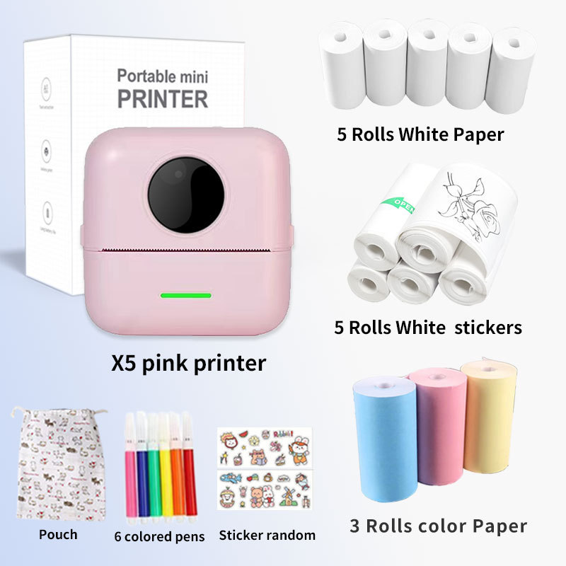 Mini-drucker – Tragbarer Bluetooth-thermodrucker Für Etiketten, Fotos Und Fehlerkorrektur – 5 Tonerkartuschen + 5 Blatt Thermopapier + 5 Blatt Aufkleber + 3 Blatt Farbiges Papier + 6 Beutel Für Farbig
