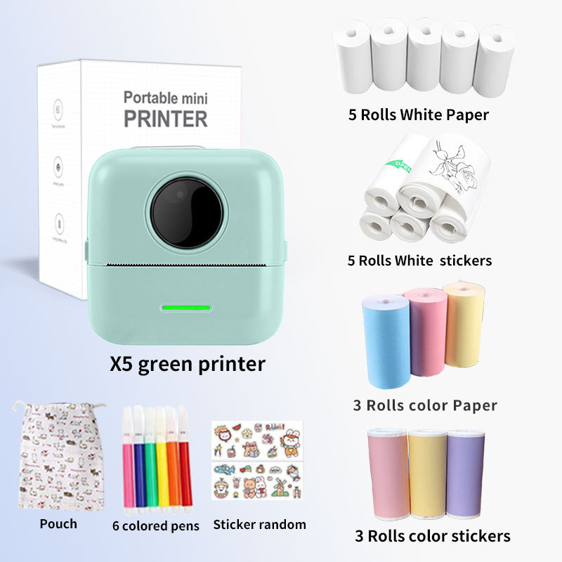 Mini-drucker – Tragbarer Bluetooth-thermodrucker Für Etiketten, Fotos Und Fehlerkorrektur – X5 Grün + 5 Blatt Thermopapier + 5 Blatt Aufkleber + 3 Blatt Farbiges Papier + 3 Blatt Farbige Aufkleber + 6