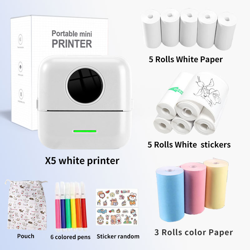 Mini-drucker – Tragbarer Bluetooth-thermodrucker Für Etiketten, Fotos Und Korrekturen – Enthält 5 Weiße Blätter + 5 Thermopapierblätter + 5 Aufkleberbögen + 3 Farbige Papierblätter + 6 Fächer Für Farb