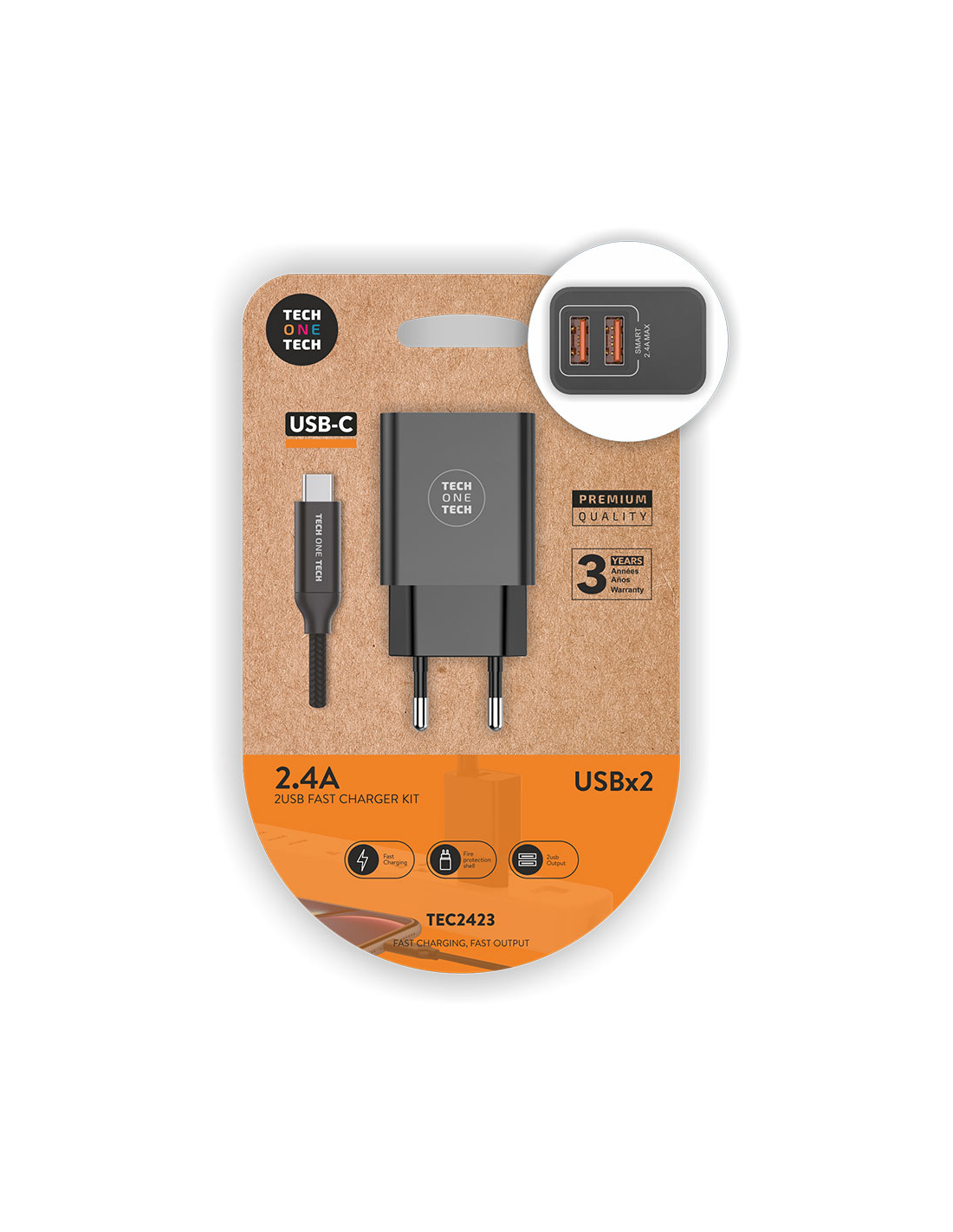 Tech One Tech Doppeltes Schnellladegerät Mit Intelligenten 2,4-a-usb-ausgängen + Usb-c-kabel, Schwarze Farbe