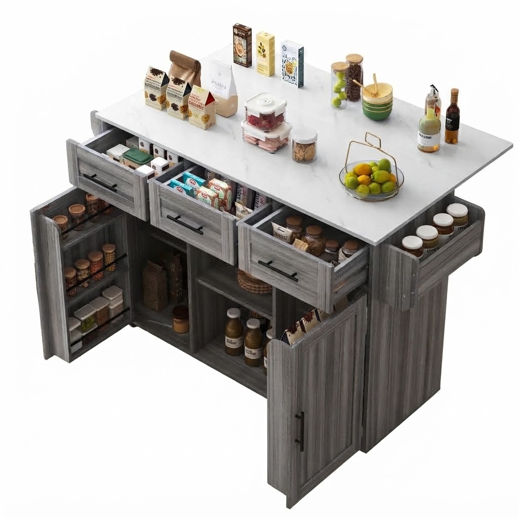 Elvmi Küchenwagen Mit 3 Schubladen, 3 Regalböden, Klappplatte, Handtuchhalter, Mdf Grau, 139 X 46 X 91.5 Cm
