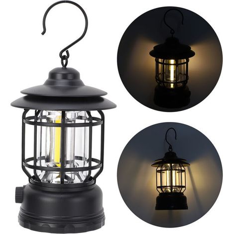 Campinglaterne Aus Abs Mit Stufenloser Dimmung, Wiederaufladbare Retro-taschenlampe, Tragbare Zeltlampe Für Outdoor-wandern, Notfall, Schwarz,