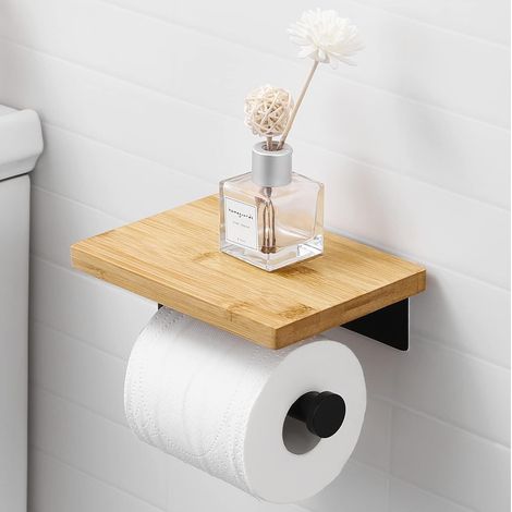 Toilettenpapierhalter Mit Ablage Aus Bambus, Selbstklebend, Ohne Bohren, Aus Mattem Edelstahl 304