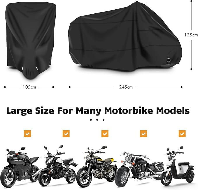 Wasserdichte Und Uv-beständige Motorradabdeckung Für Den Außeneinsatz. Hergestellt Aus 210d-polyester, Maße: 245 X 105 X 125 Cm.