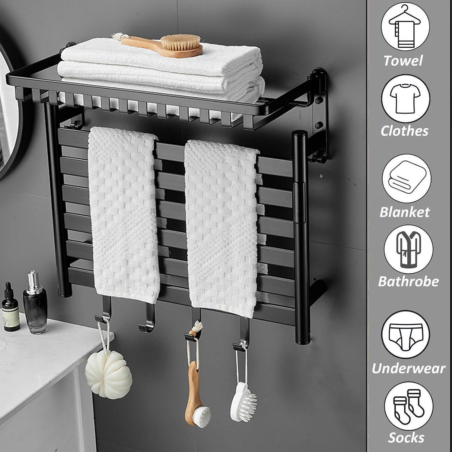 Schwarzer, Geradliniger Handtuchwärmer Aus Aluminium Mit Timer Und Wandhalterung Zur Temperaturregelung Im Badezimmer. Mit Ablagefläche.