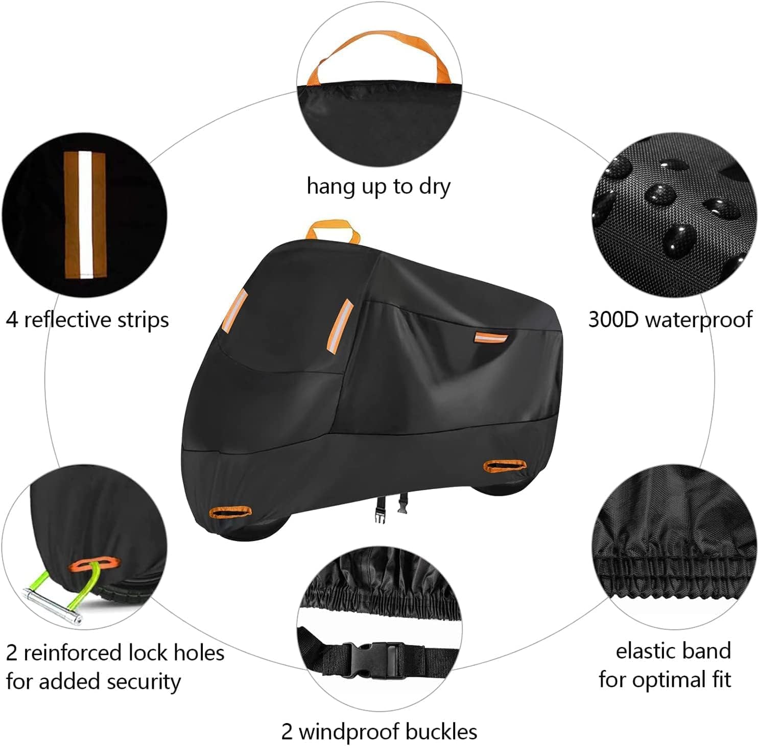 Wasserdichte Outdoor-motorrad-/rollerabdeckung Aus 210d Oxford-gewebe Mit 4 Reflektorstreifen, 2 Verriegelungslöchern, 2 Befestigungsschlaufen Und 1 Tasche (xl)(220 X 95 X 110 Cm)