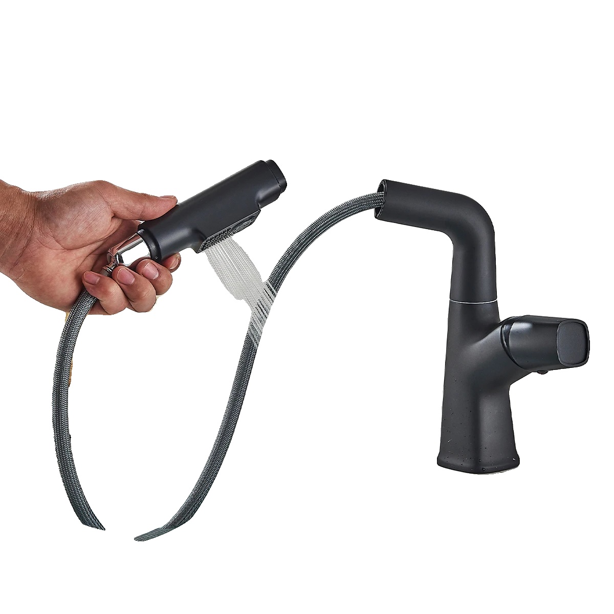 Waschbeckenarmatur, Ausziehfunktion, 360° Drehung, Matte Schwarz