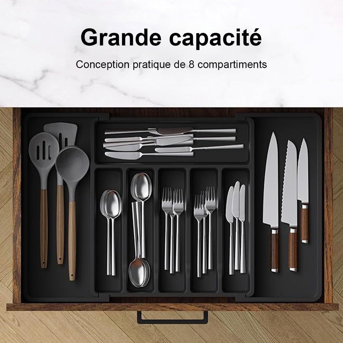 Ausziehbarer Besteckkasten (33–57 Cm) – Küchenorganizer Mit 8 Fächern, Großes Fassungsvermögen, Robustes Pp-material