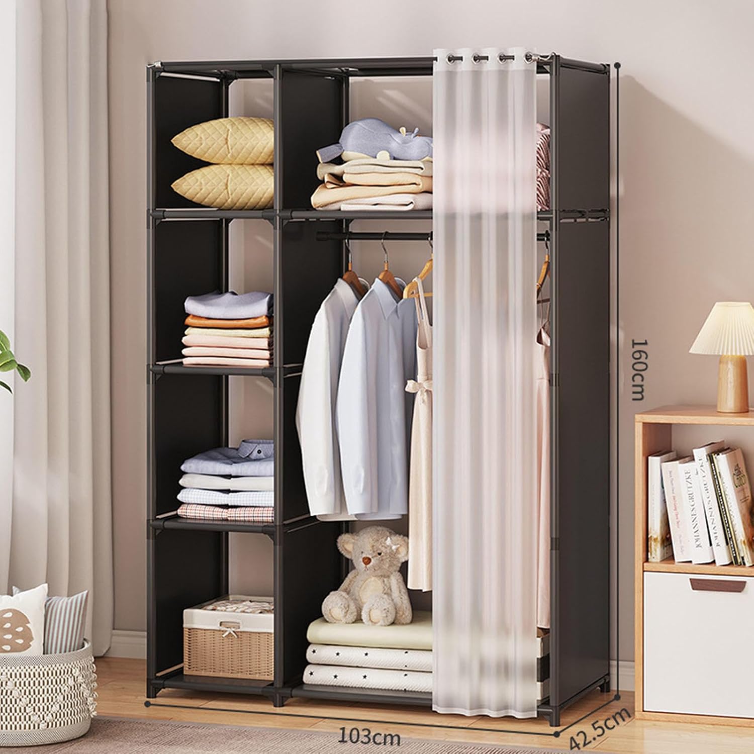 Kleiderschrank-aufbewahrungsset, Tragbarer Canvas-kleiderschrank Mit Kleiderstange, Regalen, Kleiderschrank-organizer Für Schlafzimmer Und Wohnzimmer, Robust Und Langlebig, Schwarz – 103 X 42 X 160 Cm