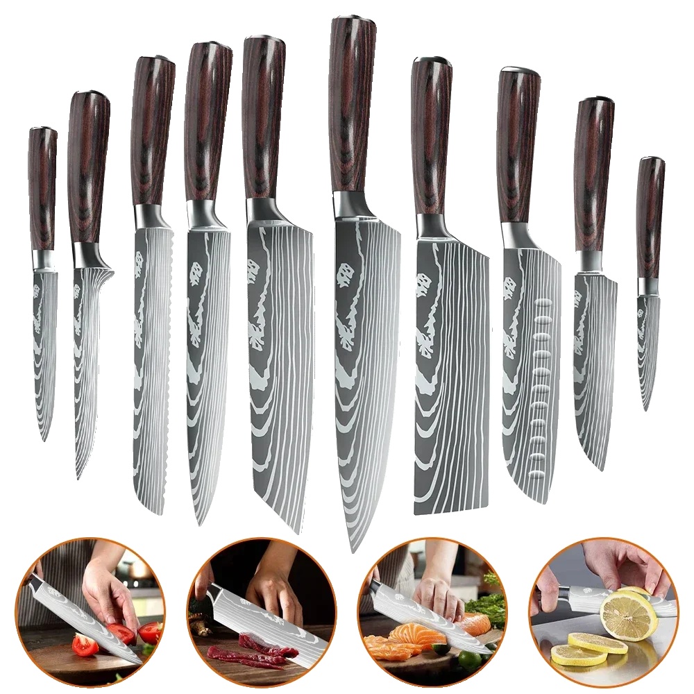 Kochmesser Set, Edelstahl, Bequemer Holzgriff, 10 Pcs