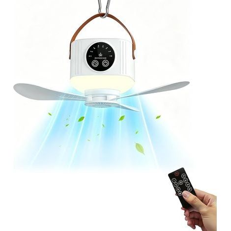Tragbarer Camping-ventilator Mit Led-licht, 7200 Mah Usb-deckenventilator Mit Led-licht, Fernbedienung, Timer, 4 Geschwindigkeiten, 3 Helligkeitsstufen, Wiederaufladbarer Deckenventilator