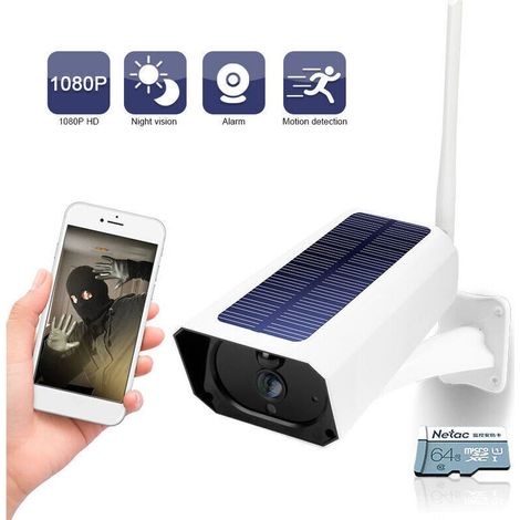 Innen-/außenüberwachungskamera Solar-kamera Dc08 (wlan), Kabelloser Monitor 1080p, Kein Plug-in Erforderlich, Ip65 Wasserdicht, Nachtsicht, Kunststoffgehäuse, Mit Netac 64g Sd-karte
