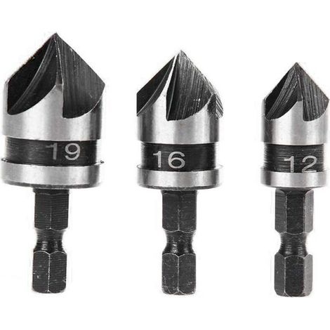 3 Stück 90 Grad 5-schneiden-entgratfräser Set Für Holz, Metall, Schnellwechsel 1/4" Sechskant Entgratbohrer Aus Kohlenstoffstahl Werkzeug Zum Abschrägen Von Holz 12/16/19mm