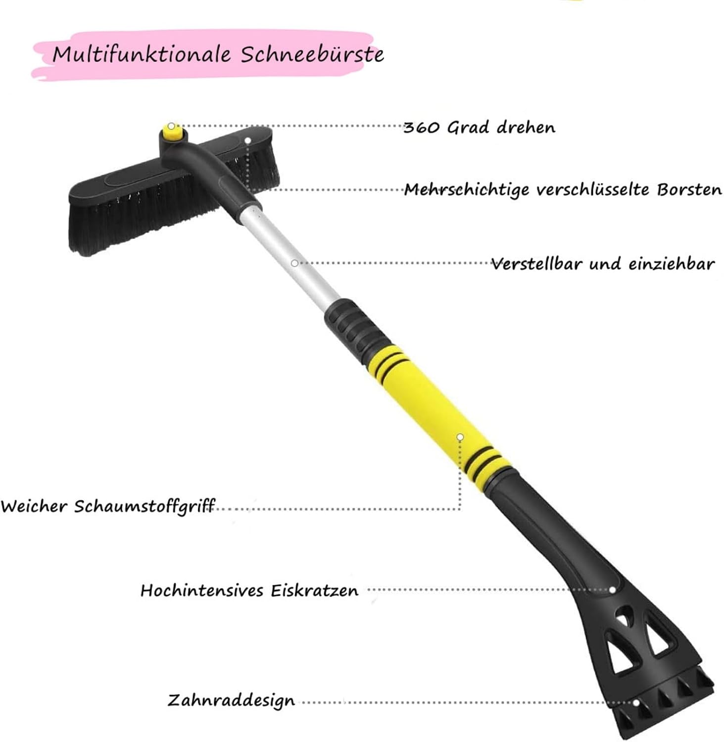 Eiskratzer Fürs Auto Mit Bürste, 2-in-1 Eis-/windschutzscheibenkratzer, Abnehmbarer Eiskratzer Mit Schaumstoffgriff Und 360° Drehbarem Bürstenkopf