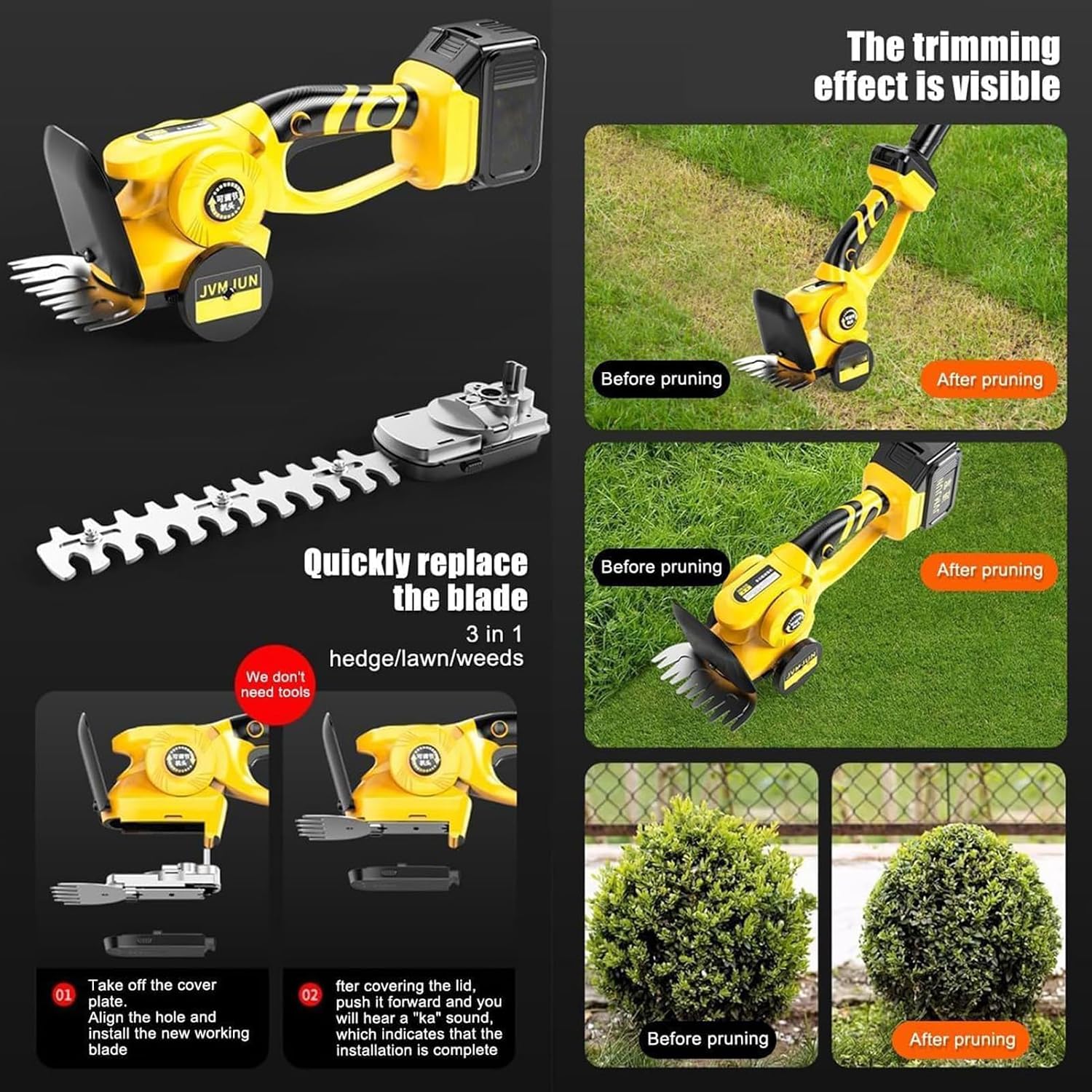 3-in-1 Akku-heckenschere Mit Stiel, Teleskop-grasschneider Und Strauchschere, Leichte Elektrische Gartenschere Zum Rasentrimmen, Sträucherschneiden Und Bäumeschneiden, Kabelloser Hand-heckenschneider