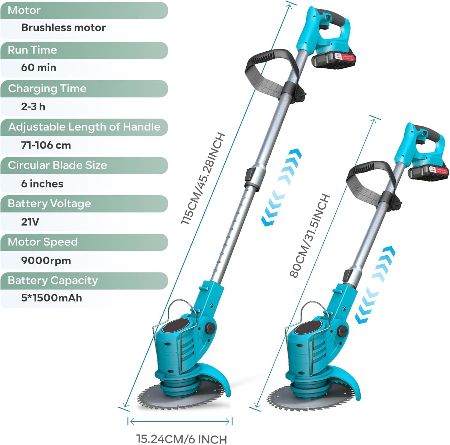 Akku-freischneider, 800 W, Akkubetriebener Freischneider, Akku-trimmer Mit 2 X 21-v-akkus, 9000 U/min, 71–106 Cm Teleskopstiel, 4 Klingenarten, Für Den Garten