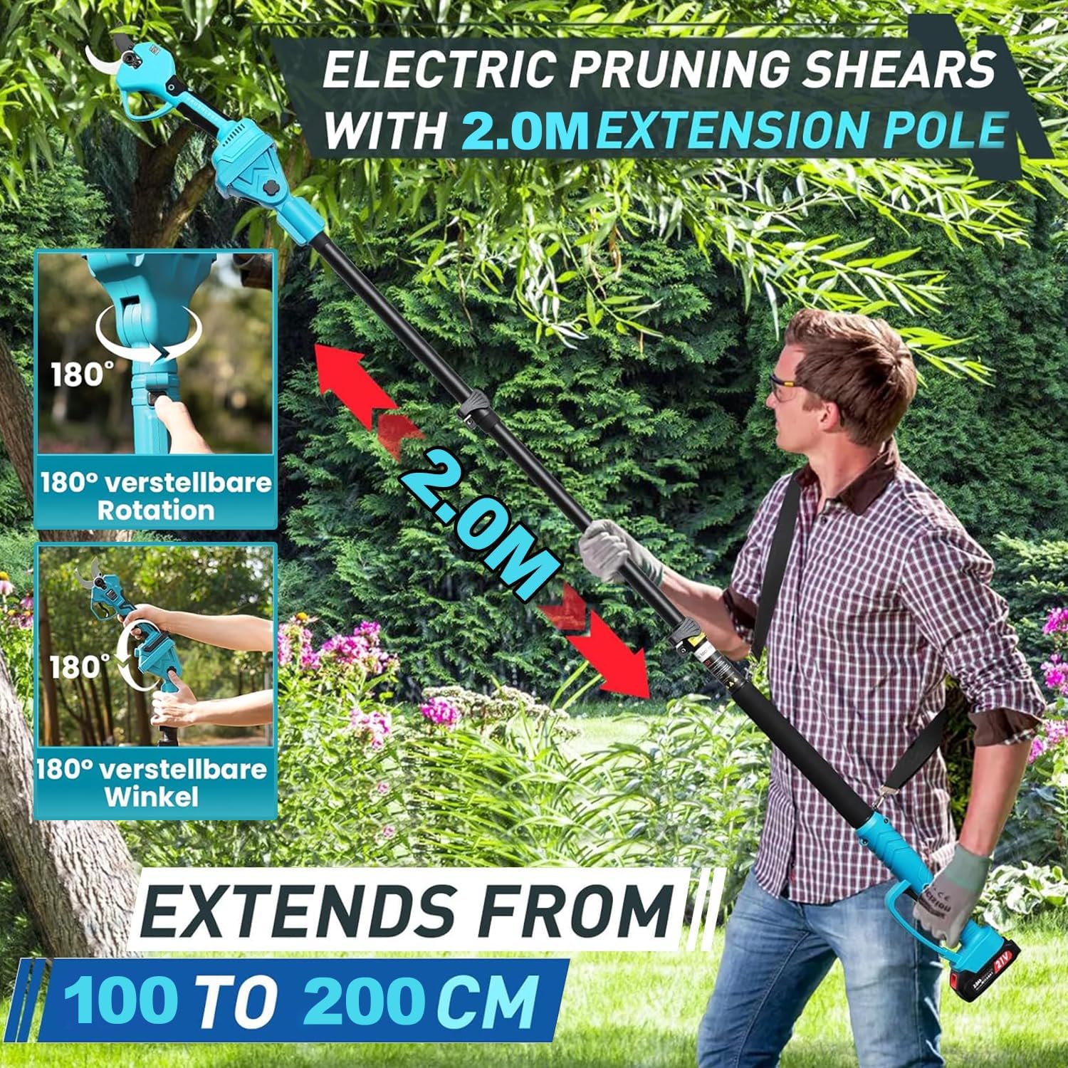 Akku-elektro-gartenschere, 36-v-teleskop-gartenschere Mit Teleskopstiel, Elektrische Gartenschere Mit 2 X 2,0-ah-li-ionen-akkus, 40 Mm Schnittdurchmesser, Winkelverstellung