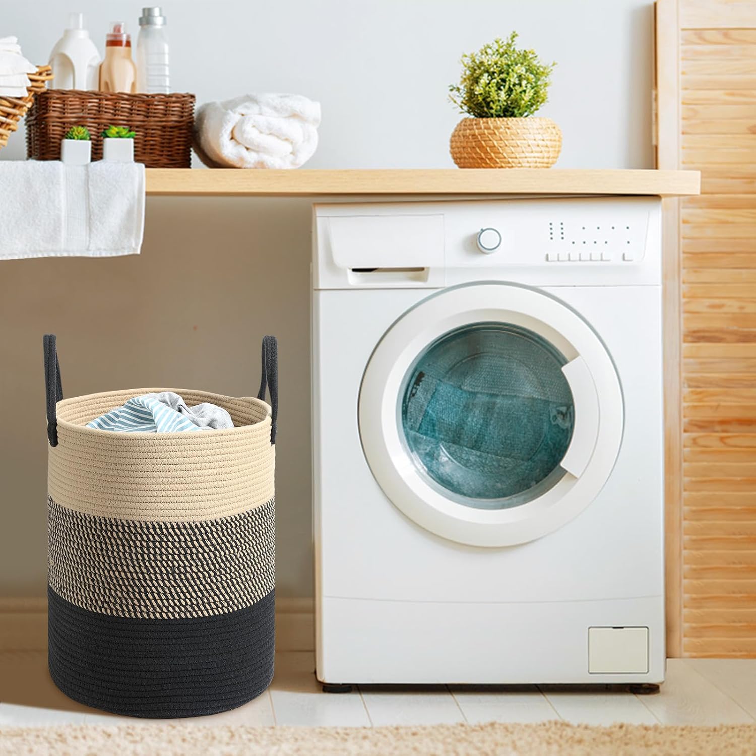 45-liter-wäschekorb Aus Baumwolle Mit Griff – Aufbewahrung Für Kinderzimmer Und Badezimmer – 35 X 40 Cm, Beige Und Schwarz