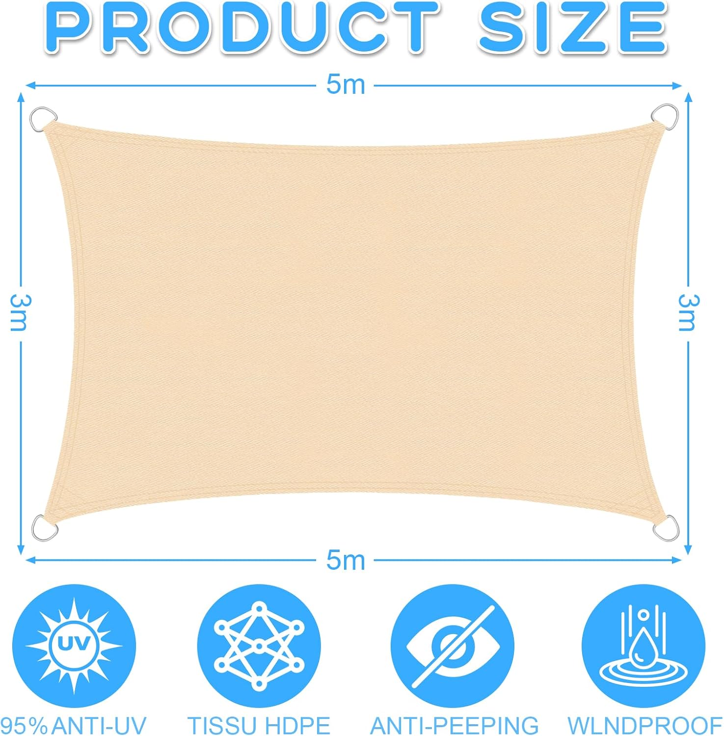 Wasserdichtes, Rechteckiges Sonnensegel 3 X 5 M, 95 % Uv-schutz Für Terrasse, Garten, Balkon – Beige