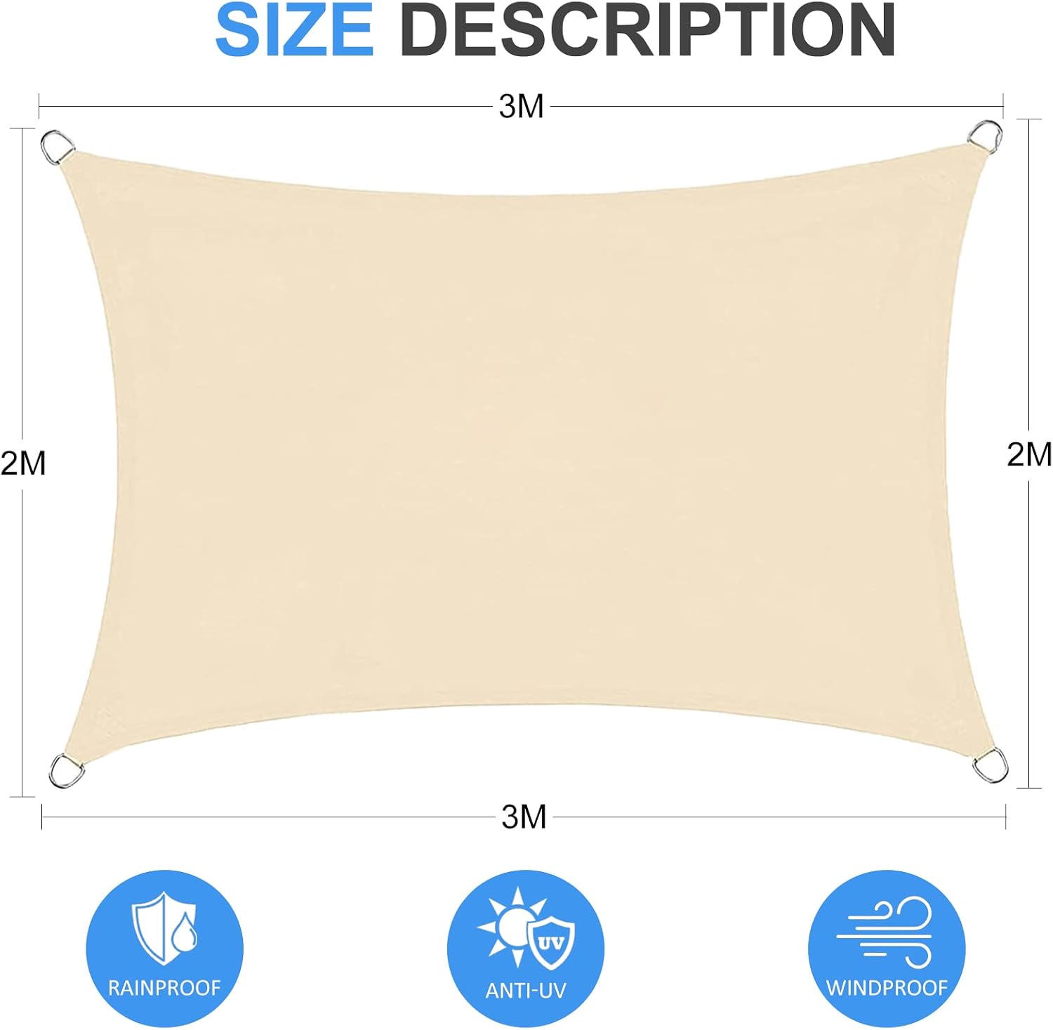 Wasserdichtes, Rechteckiges Sonnensegel 2 X 3 M, 95 % Uv-schutz Für Terrasse, Garten, Balkon, Beige