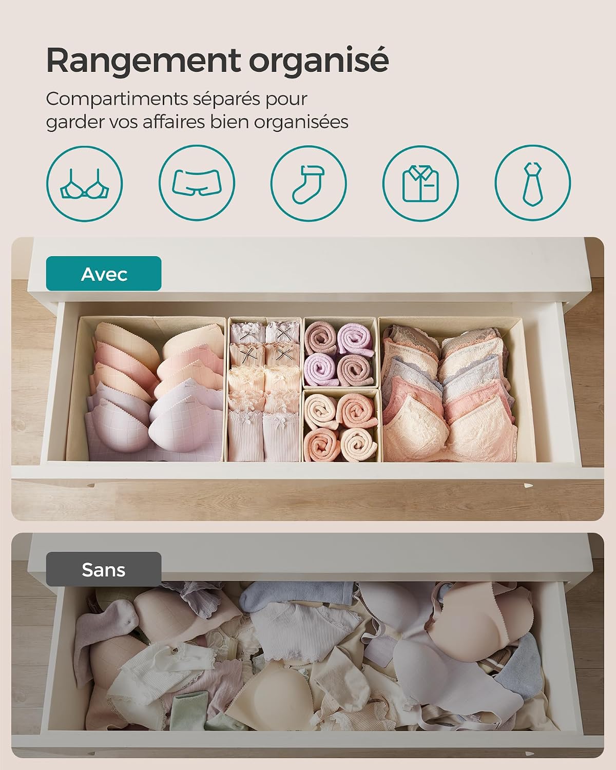 Set Mit 12 Schubladen-organizern – Beige Aufbewahrungsboxen Aus Stoff Für Unterwäsche, Socken, Bhs, Slips, Krawatten, Schals
