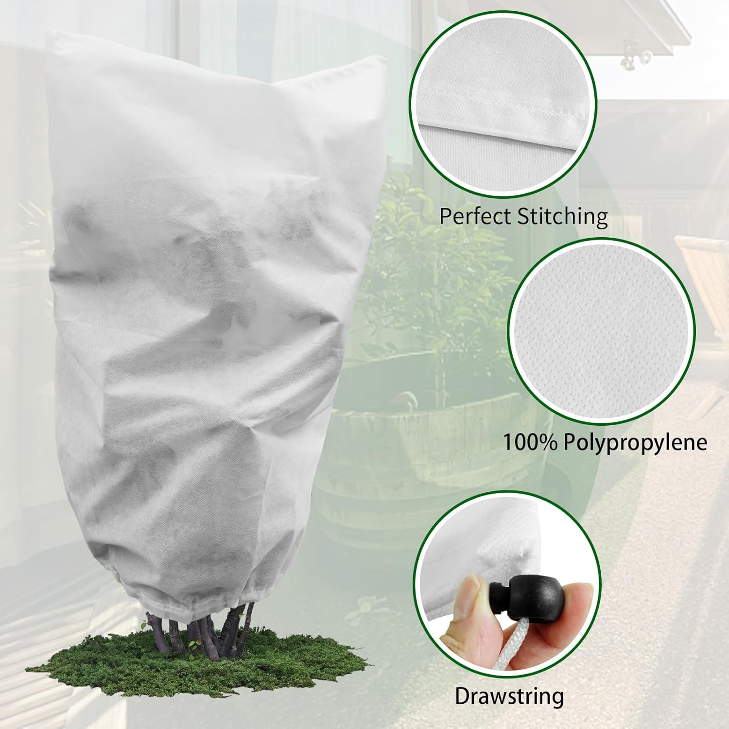 Set Mit 4 Winter-pflanzenschutzhüllen, 50 G/m², 60 X 80 Cm, Mit Kordelzug, Für Gartenpflanzen. Winterschutz Vor Witterungseinflüssen, Kälte, Vögeln Und Insekten. Beige Und Weiß.