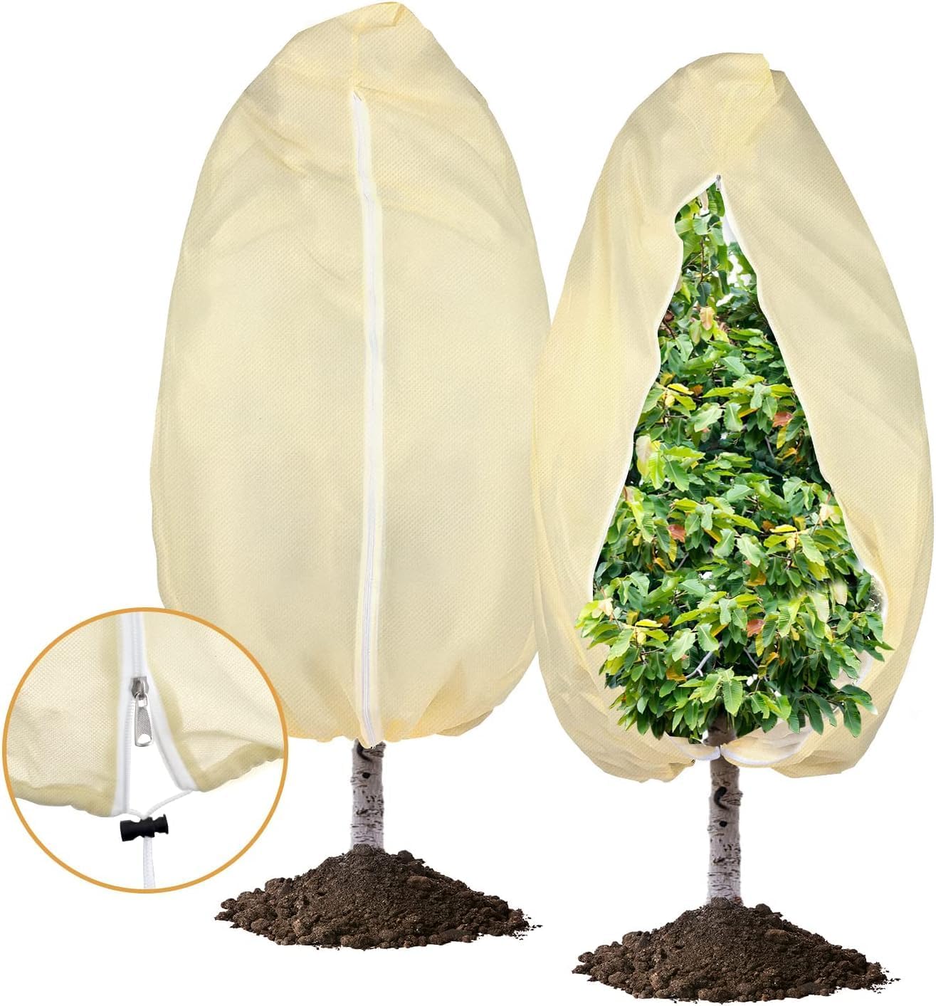 Winterschutz Für Pflanzen, Atmungsaktiver 85 G/m² Winterschutzbeutel Für Topfpflanzen, Frostschutz, Schutzhülle Mit Reißverschluss Und Kordelzug, Beige (120180cm)