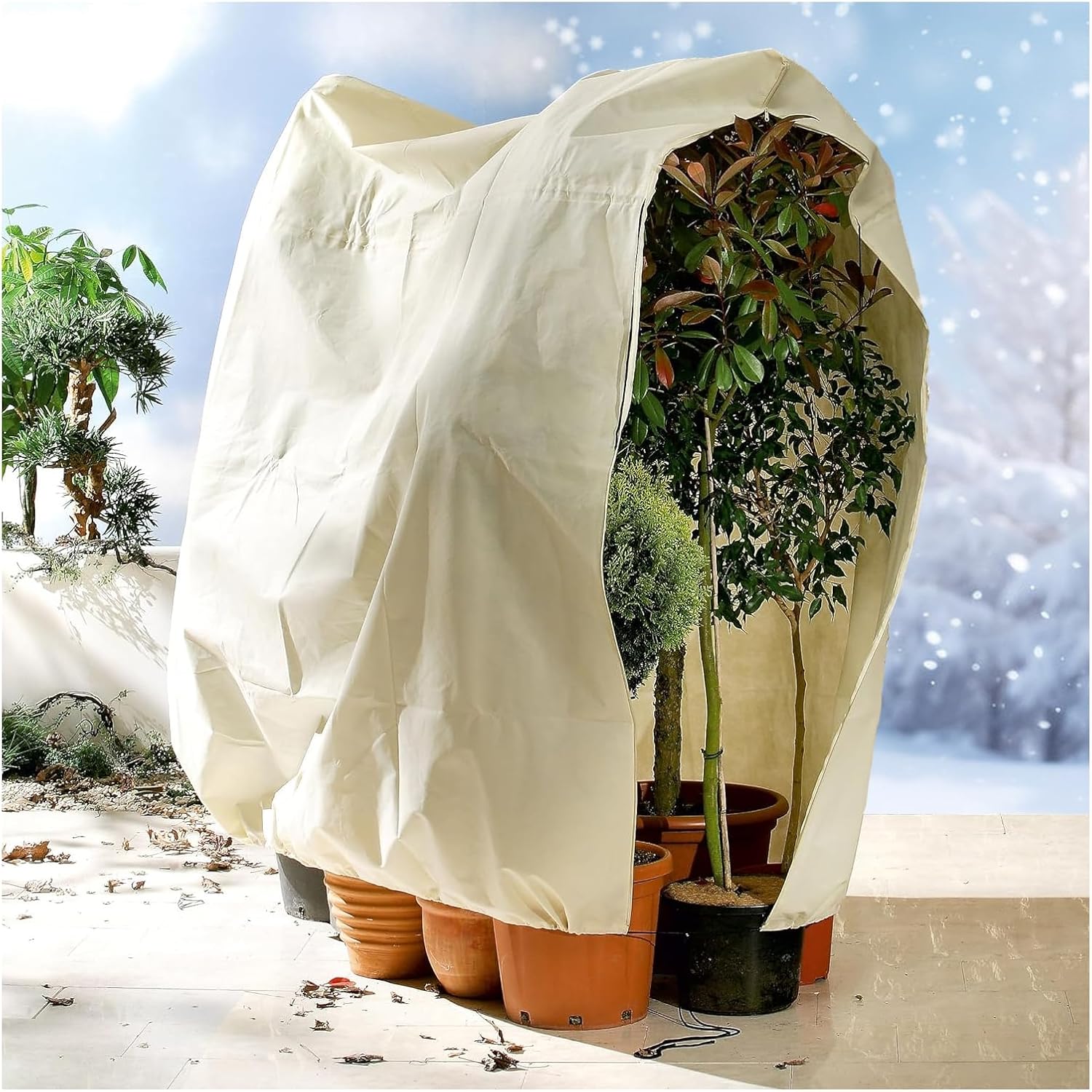 Winterlicher Pflanzenschutz, Atmungsaktiver Winterpflanzensack Für Topfpflanzen, Frostschutzhüllen Mit Reißverschluss Und Kordelzug, Beige (160 X 180 Cm)