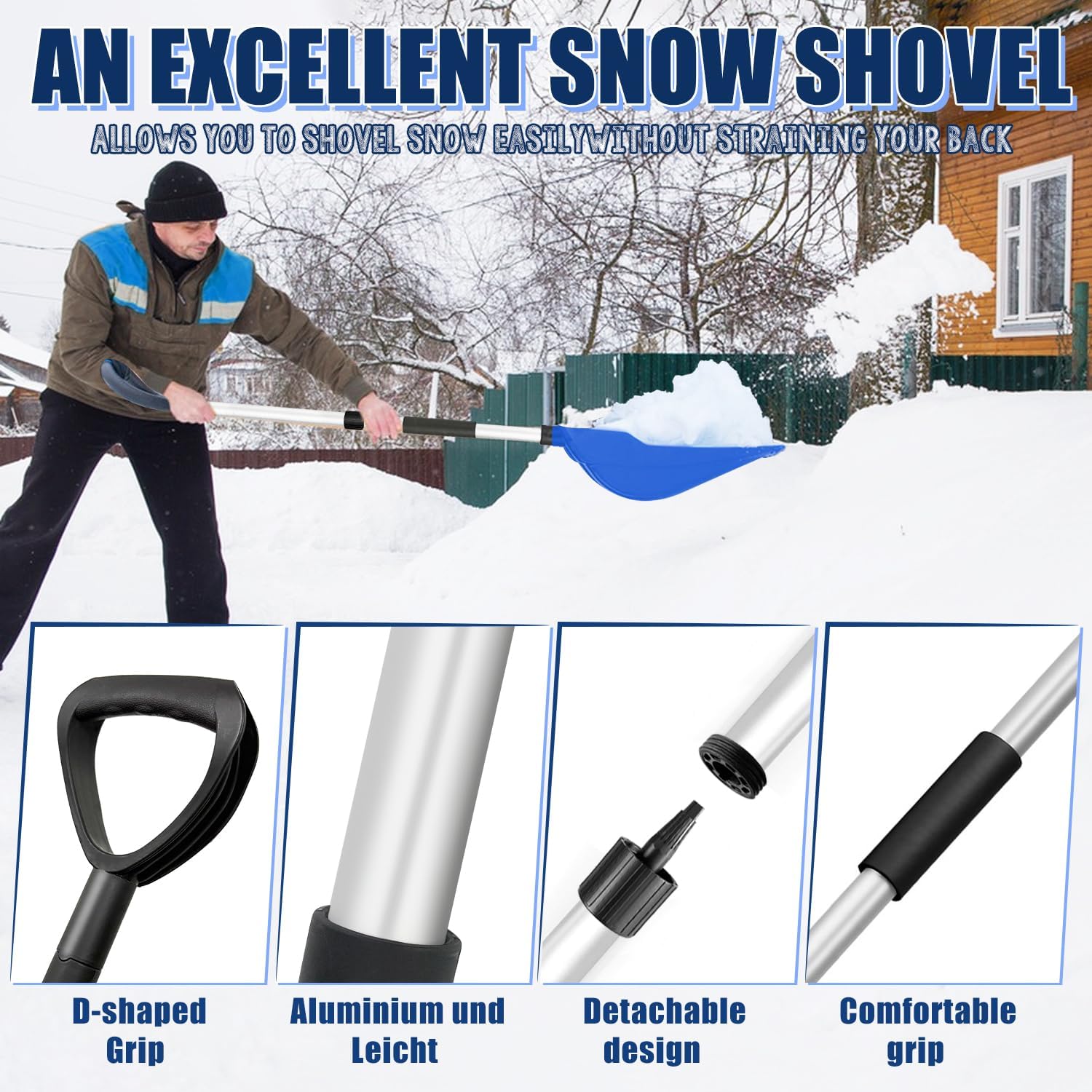 Schneeschaufel Mit Aluminiumstiel Und D-förmigem Griff, Ergonomischer Griff, Tragbares Schneeräumgerät, Winterschneeschaufel, Schneemannschaufel, Schneeschaufel Mit Aluminiumkante Für Garten Und Campi
